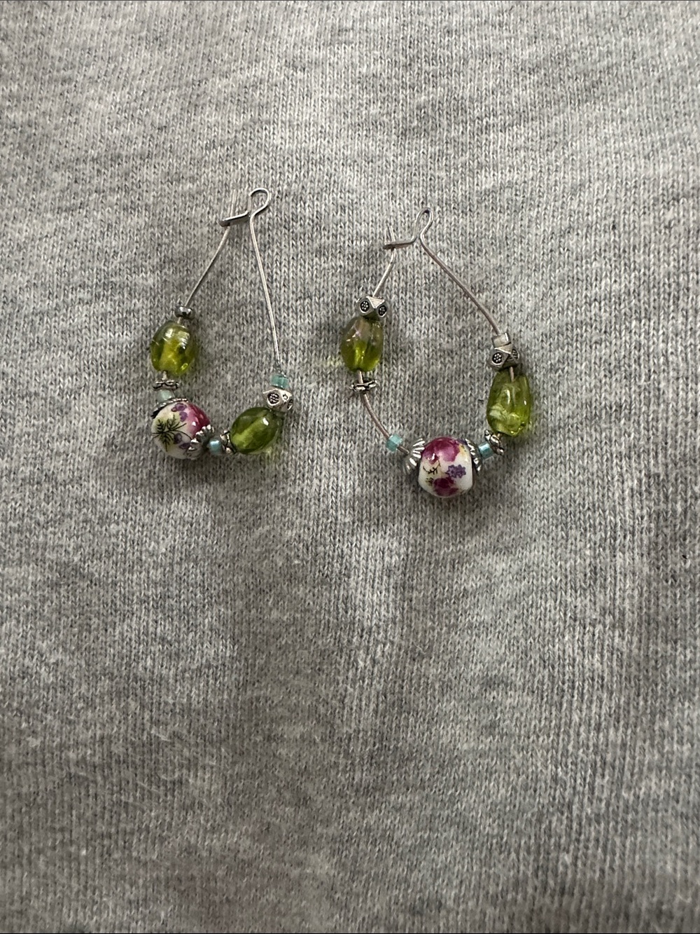 Floral Bead Hoop Earrings with Olive Green Accents